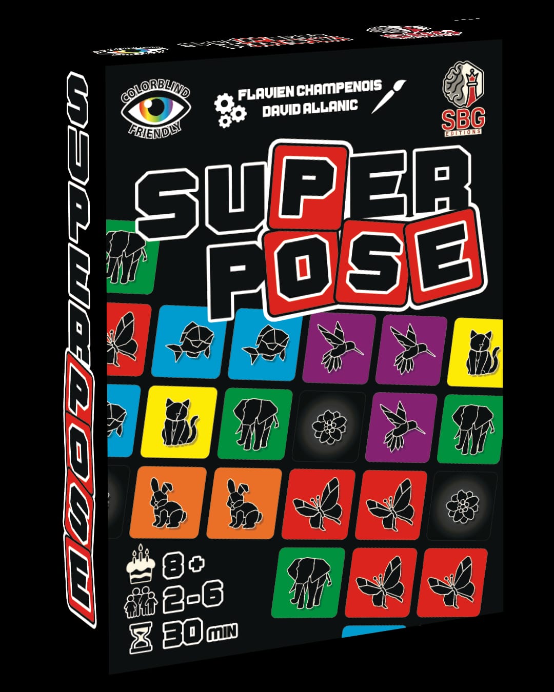 Board game box for 'Super Pose' with colorful icons on a black background