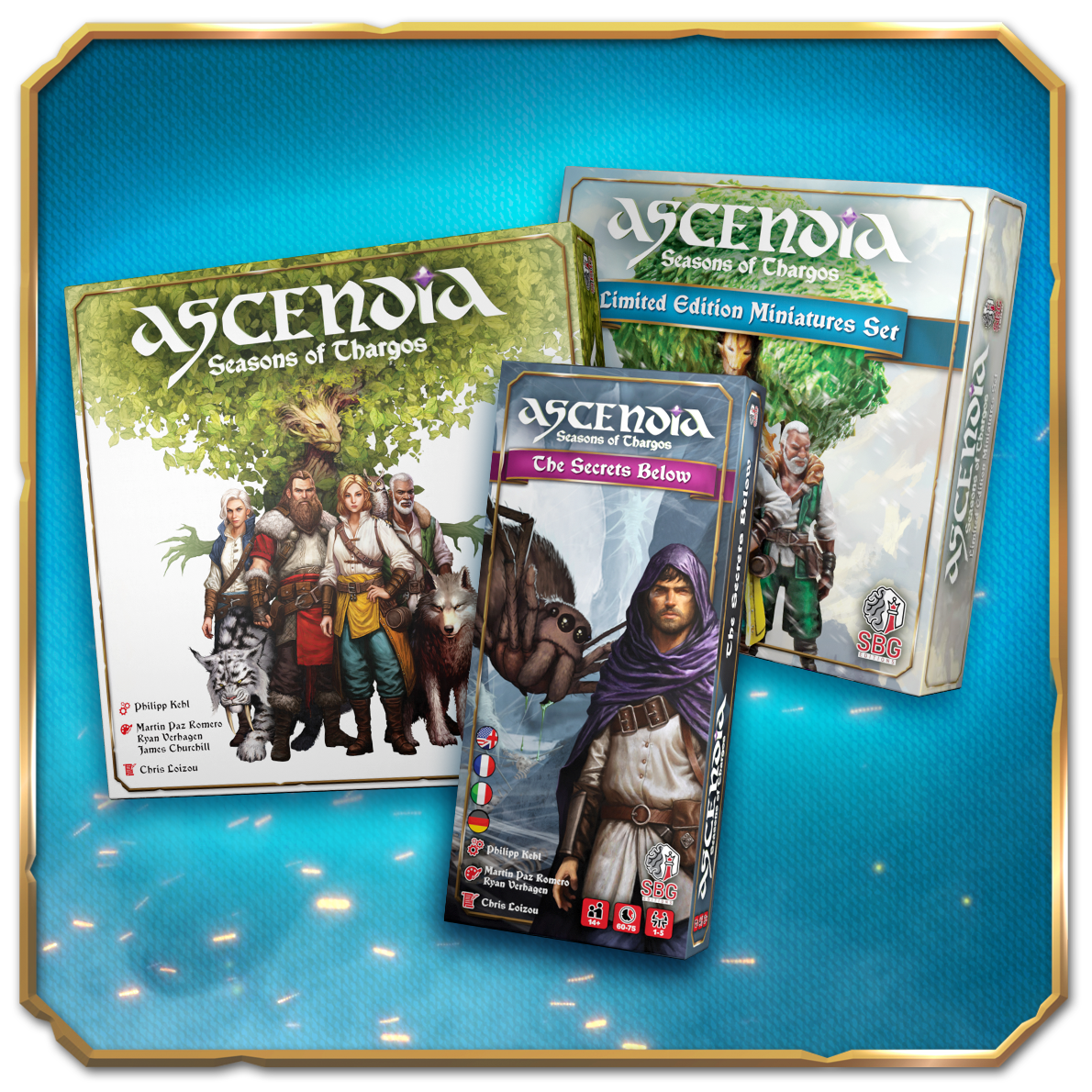 Three boxed board game products from Ascendia Seasons Of Thargos are arranged together on a blue textured background with a gold border. The products include Ascendia Seasons of Thargos, The Secrets Below, and a Limited Edition Miniatures Set.